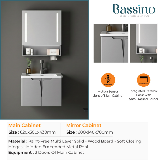 Premium Vanity Cabinet with Motion Sensor Mirror Light (Grey)