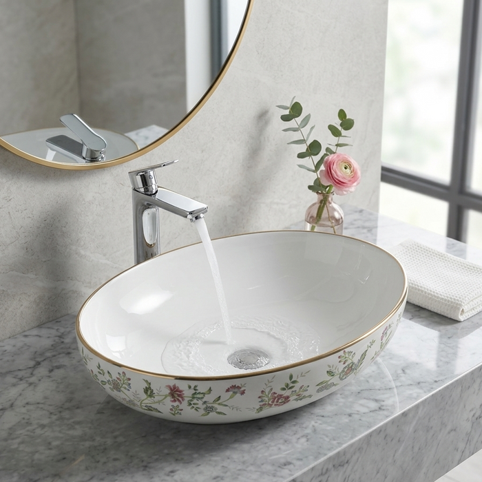 BASSINO Designer Table Top Basin – 20″ Floral Pattern Countertop Wash Basin in Glossy White (Size: 20″ × 15″ × 5″)