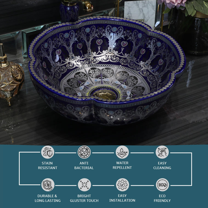 Designer Round Ceramic Wash Basin (Glossy Blue, Floral Art Design 16.5 x 16.5 x5 In- AB601)