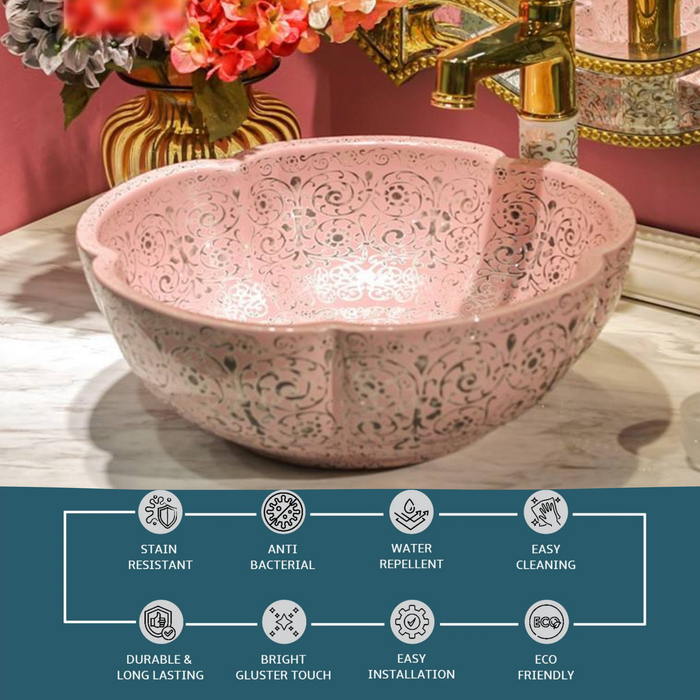Designer Round Ceramic Wash Basin (Matt Pink, Floral Art Design 16.5 x 16.5 x5 In- AB602)