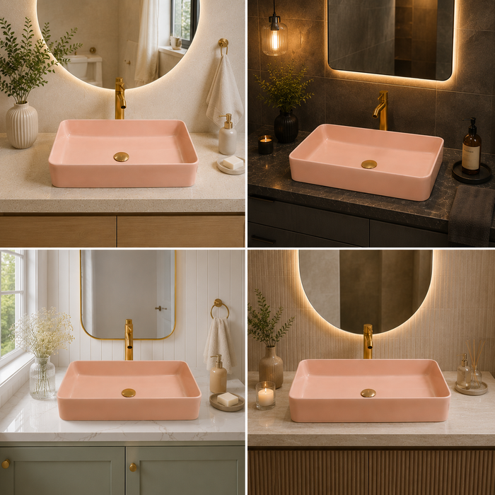 Bassino 24" Matte Pink Ceramic Countertop Wash Basin – Modern Rectangular Vessel Sink (24" x 14" x 5")