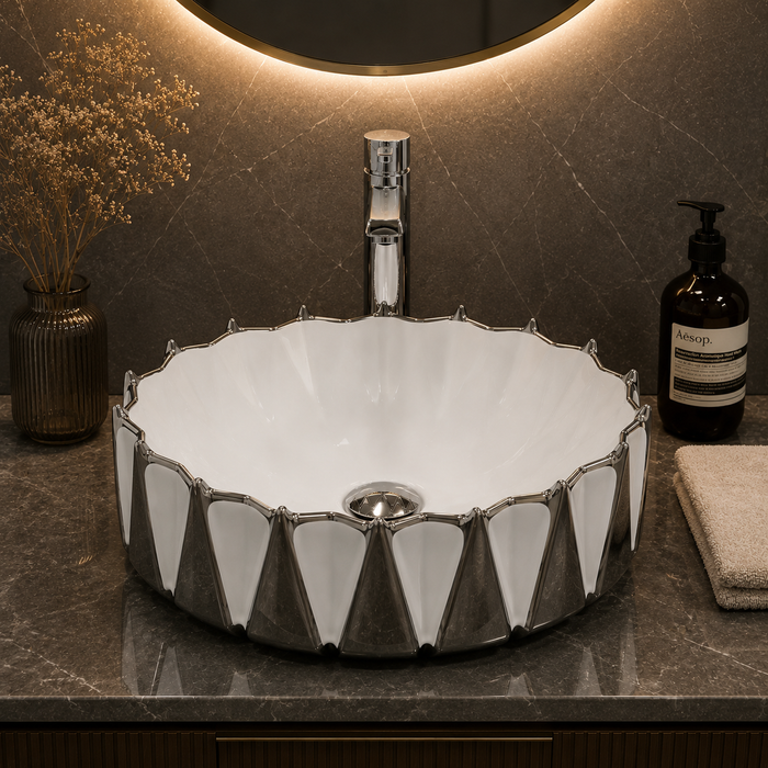 Bassino 17" Luxury White & Chrome Faceted Ceramic Countertop Wash Basin – Designer Round Vessel Sink (16.5" x 15" x 7")