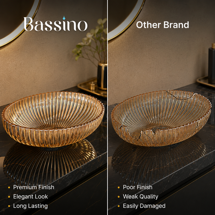 Bassino 20" Luxury Crystal Fluted Glass Countertop Wash Basin – Premium Amber Gold Oval Designer Vessel Sink (20.1" x 13.8" x 5.9")