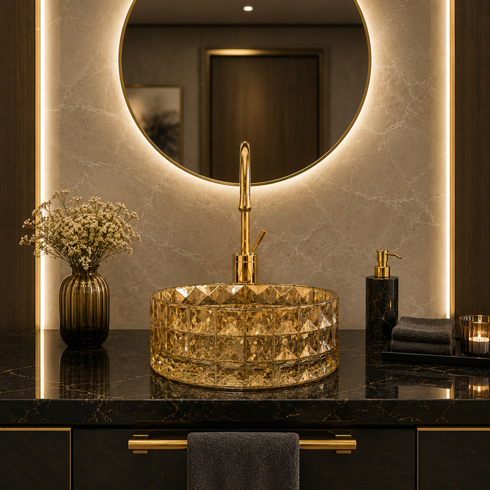 Bassino 12" Luxury Crystal Cut Glass Countertop Wash Basin – Premium Amber Gold Round Designer Vessel Sink (11.8" x 11.8" x 5.1")