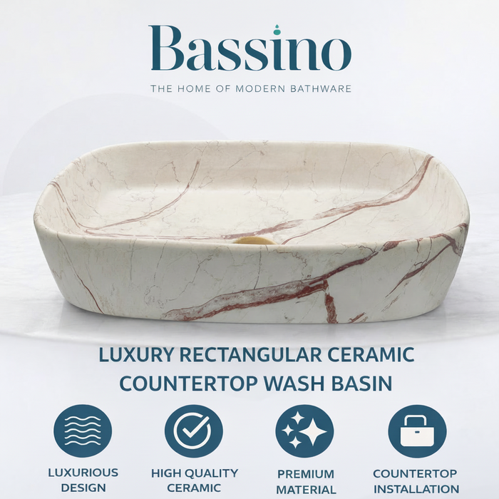 Bassino Premium Rectangular Marble Finish Countertop Wash Basin (18" x 13" x 6") – Luxury Ceramic Vanity Sink