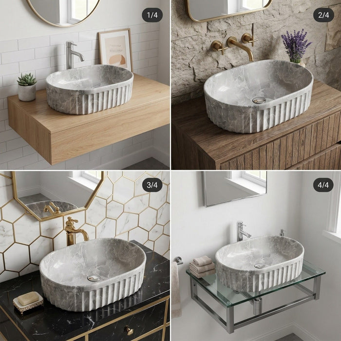 Bassino Grey Marble Textured Countertop Wash Basin – Luxury Oval Vessel Sink (22" x 14" x 6")