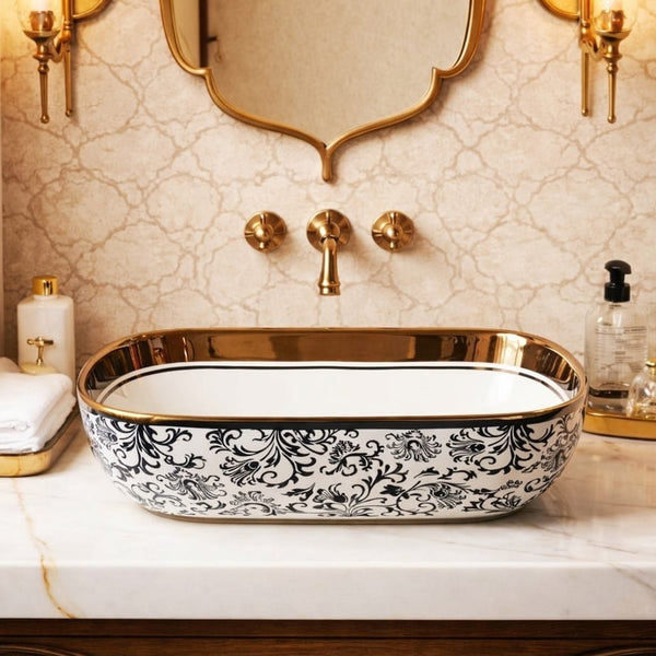 BASSINO Vintage Floral Ceramic Vessel Sink with Gold Rim (18 x 13 x 6 Inches)