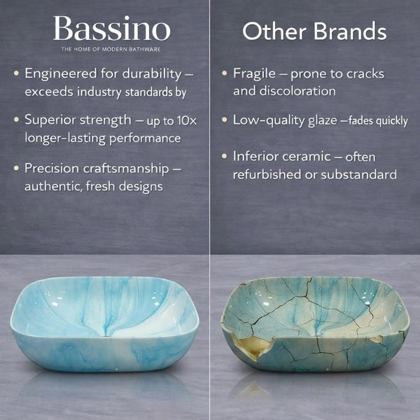 Bassino Blue Marble Finish Ceramic Countertop Wash Basin | Designer Table Top Sink, 18 x 13 x 6 Inch