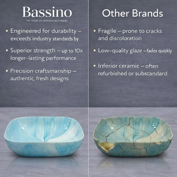 Bassino Blue Marble Finish Ceramic Countertop Wash Basin | Designer Table Top Sink, 18 x 13 x 6 Inch