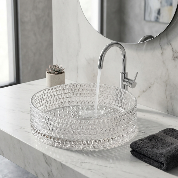 Bassino Modern Transparent Glass Wash Basin | Stylish Countertop Wash Basin for Bathroom–360x360x120 mm Clear