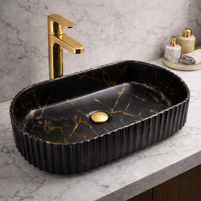 Luxury Oval Black Marble Finish Ceramic Countertop Wash Basin | Fluted Designer Vanity Sink