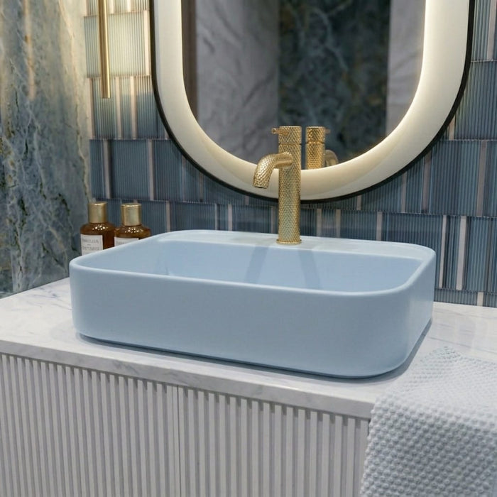 BASSINO Serene Sky Matte Blue Ceramic Vessel Sink with Tap hole (20 x 16 x 5 Inches)