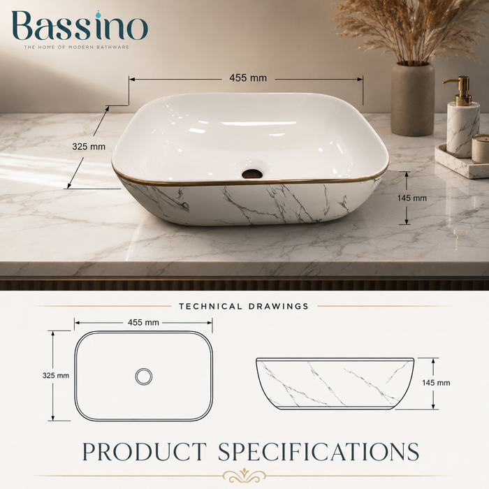 Bassino Marble Finish Table Top Wash Basin | Premium Countertop Ceramic Bathroom Sink | White Basin with Gold Rim 18 x 13 x 5 Inch