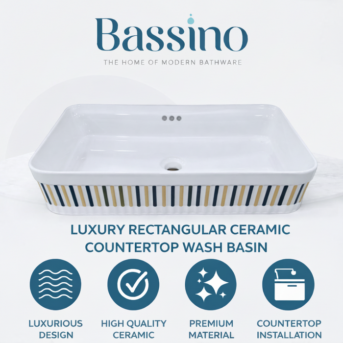 Luxury Rectangular Ceramic Counter Top Wash Basin | Gloss Ceramic Basin | 24x14x6 inch | White With Vertical Striped