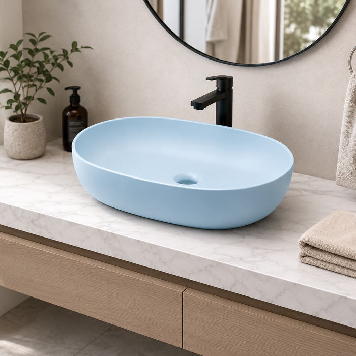 Designer Oval Countertop Wash Basin | (24" × 17" × 6" IN) Matte Finish Bathroom Sink Aqua Blue