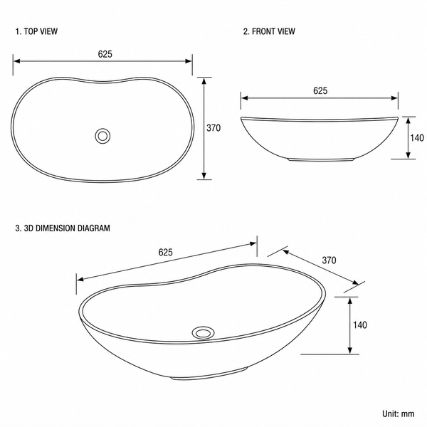 Bassino 25" Dual-Tone Oval Ceramic Countertop Wash Basin – Black Exterior & White Interior Vessel Sink (625 x 370 x 140 mm)