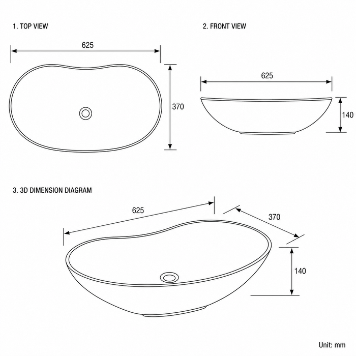 Bassino 25" Dual-Tone Oval Ceramic Countertop Wash Basin – Black Exterior & White Interior Vessel Sink (625 x 370 x 140 mm)