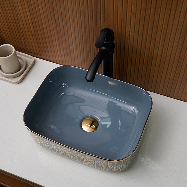 Designer Table Top Basin (16 x 12 x 6 In) BTT-11371-IN,Grey-Gold