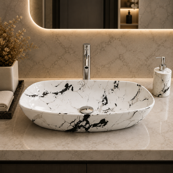 Bassino 24" Marble Pattern Oval Countertop Wash Basin – Premium Ceramic Vessel Sink, White & Black Marble Finish (23.6" x 15" x 5.5")