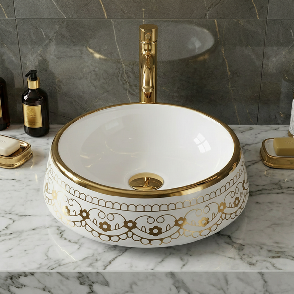 Luxury Round Ceramic Basin | Gloss Counter Top Wash Basin | 16x16x6 inch | White With Gold Detailing