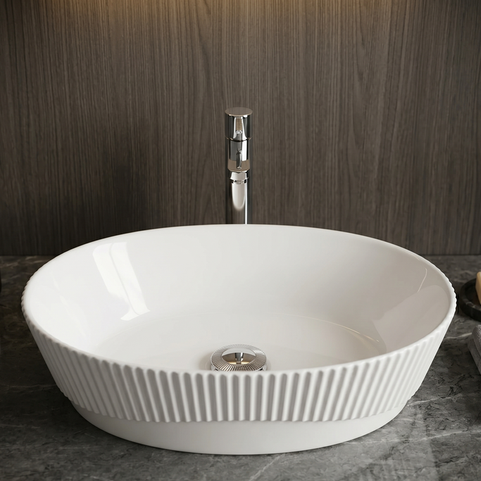 Bassino Textured Oval Countertop Wash Basin (19" x 13" x 6") – Premium Ceramic Sink with Ribbed Exterior Design