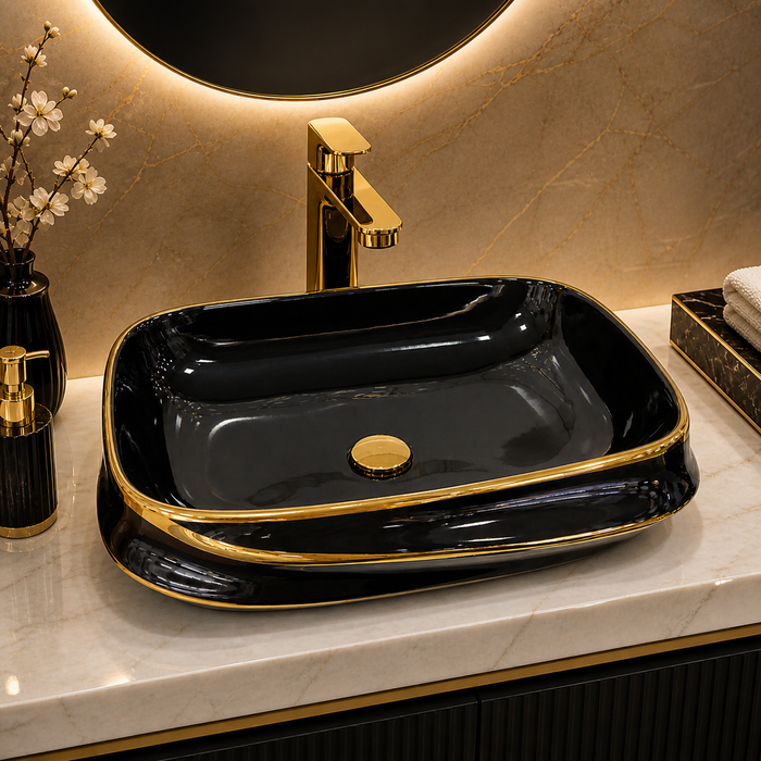 Bassino 25" x 18" Luxury Countertop Wash Basin – Premium Black & Gold Rectangular Ceramic Vessel Sink (24.6" x 17.7" x 5.9")
