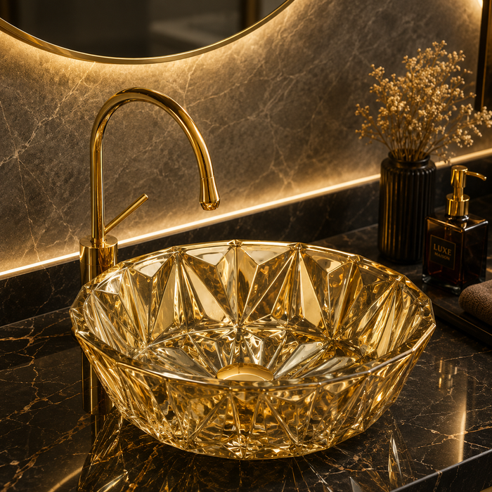 Bassino 16" Luxury Crystal Cut Countertop Wash Basin – Premium Golden Glass Designer Vessel Sink (15.9" x 15.9" x 5.1")