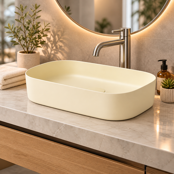Bassino Modern Melamine Wash Basin | Stylish Countertop Wash Basin for Bathroom–400x320x110 mm Beige