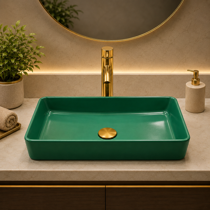 Bassino 24" Green Rectangular Countertop Wash Basin – Modern Luxury Ceramic Vessel Sink (23.6" x 13.8" x 4.3")