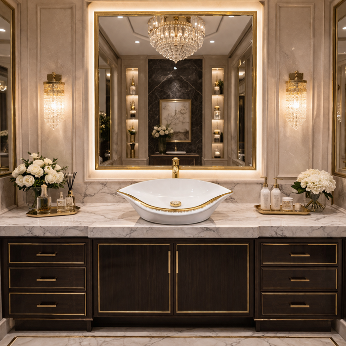 Bassino Luxury Designer Curve Countertop Wash Basin (20" x 16" x 5.5") – Ceramic Sink with Handcrafted Gold Rim Finish