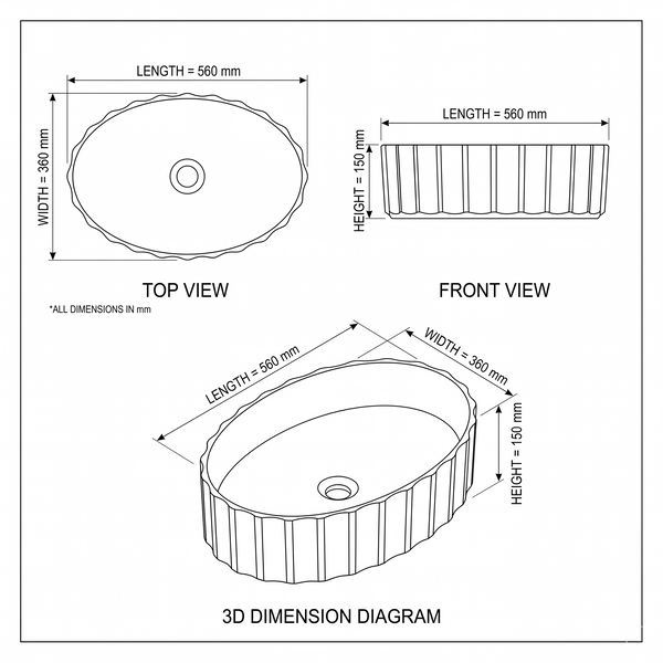 Bassino Textured Oval Countertop Wash Basin – Luxury Designer Vessel Sink (22" x 14.2" x 5.9")