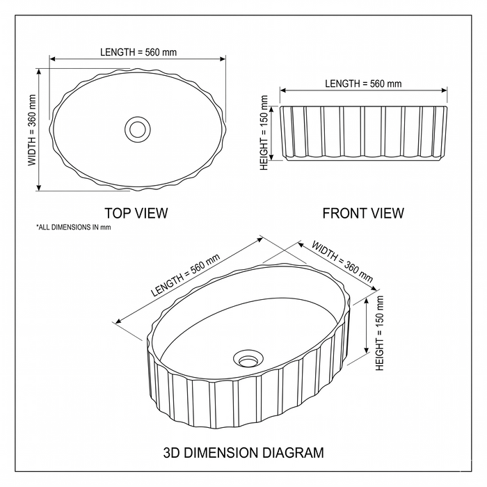 Bassino Textured Oval Countertop Wash Basin – Luxury Designer Vessel Sink (22" x 14.2" x 5.9")