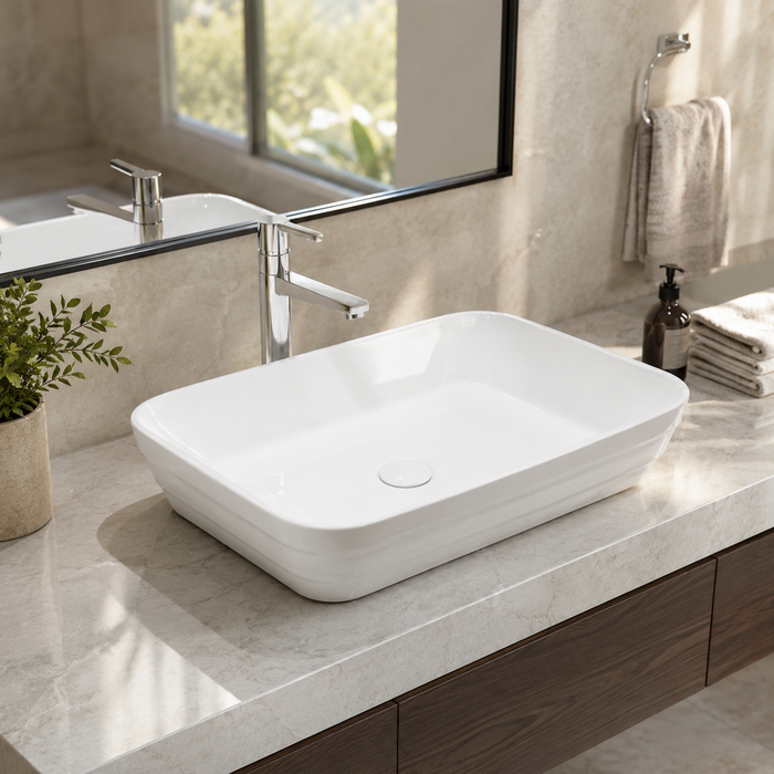 Rectangular Countertop Wash Basin | 20 × 14 × 5 Inches Designer Bathroom Sink – Glossy & Matte Finish White