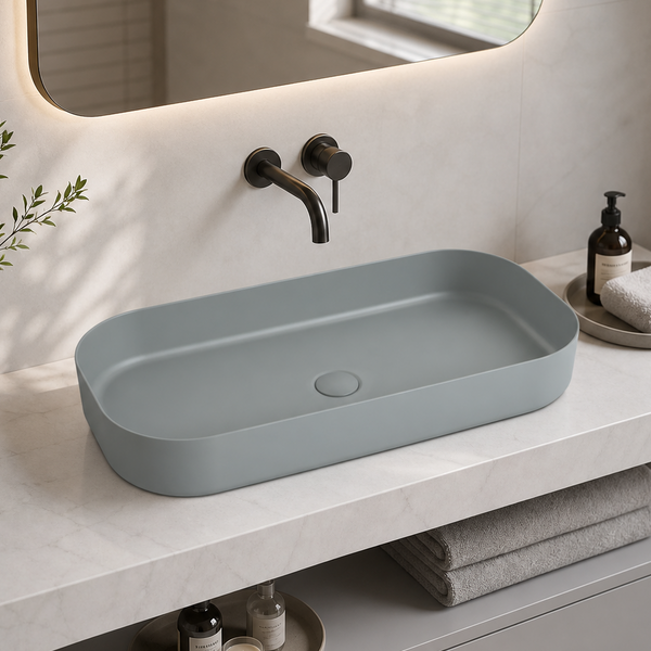 Bassino Modern Melamine Wash Basin | Stylish Countertop Wash Basin for Bathroom–800x350x125 mm Grey