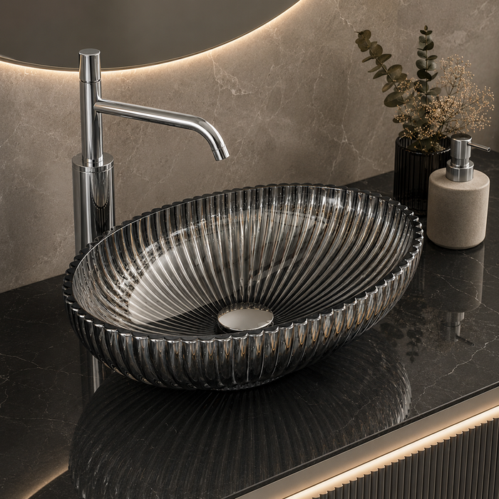 Bassino 20" Luxury Crystal Fluted Glass Countertop Wash Basin – Premium Smoky Black Oval Designer Vessel Sink (20.1" x 13.8" x 5.9")