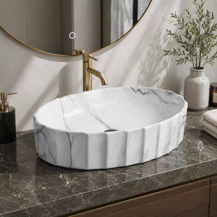 Matte Marble Finish Designer Oval Countertop Bathroom Sink Wash Basin (22" × 14" × 6" IN) White