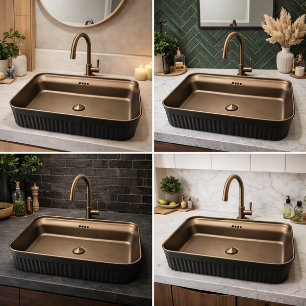 BASSINO Imperial Fluted Black-Bronze Ceramic Vessel Sink (24 x 14 x 6 Inches)
