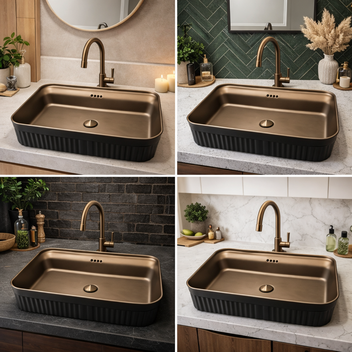 BASSINO Imperial Fluted Black-Bronze Ceramic Vessel Sink (24 x 14 x 6 Inches)