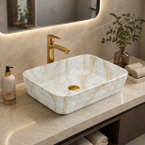 Glossy Marble Finish Rectangular Countertop Bathroom Sink Wash Basin (20" × 14" × 5" IN) Beige
