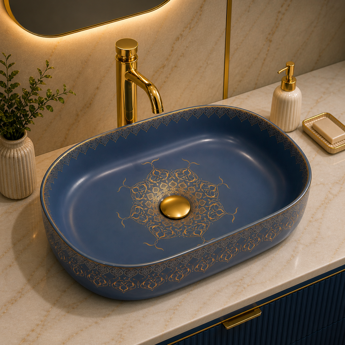 Designer Ceramic Wash Basin Gold Moroccan design | 21 x 14 x 6 In | Blue