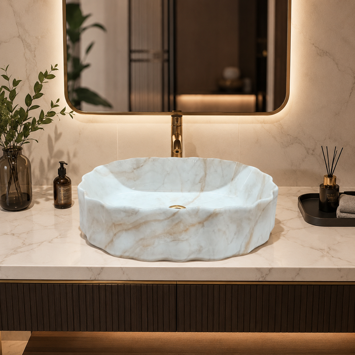 White Marble Design Ceramic Countertop Wash Basin – Luxury Unique Shape Table Top Basin (20" x 15" x 5.5")