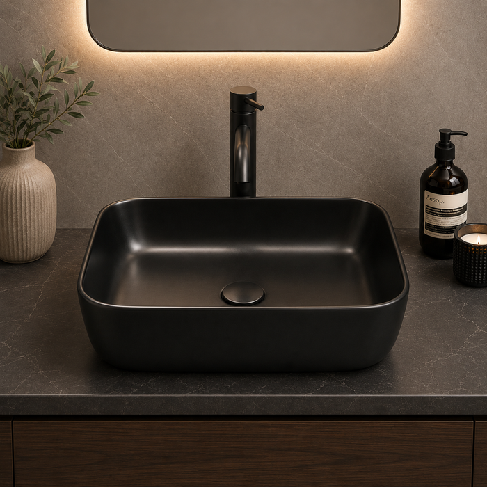 Bassino Matte Black Countertop Wash Basin – Modern Rectangular Ceramic Vessel Sink (16.5" x 12.6" x 5.5")