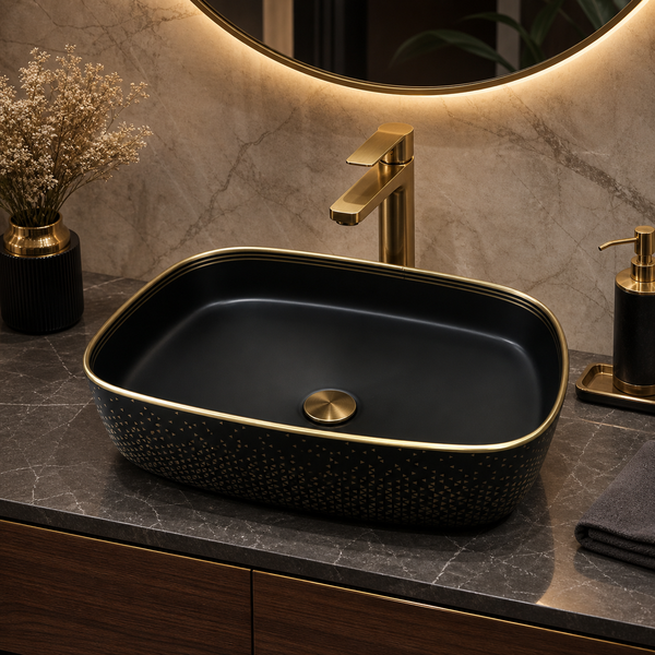 Bassino 20" x 15" Luxury Countertop Wash Basin – Premium Matte Black & Gold Rectangular Ceramic Vessel Sink (19.7" x 14.6" x 5.3")
