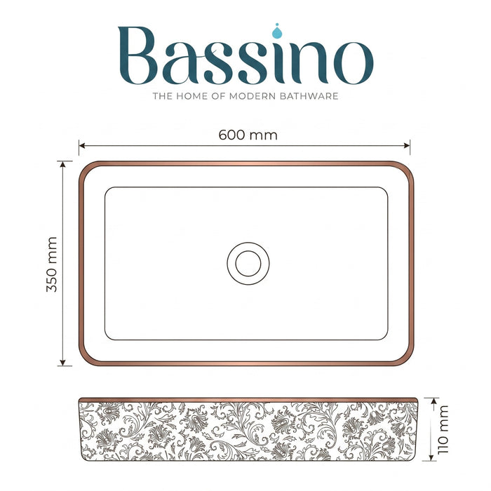 Bassino Luxury Rectangular Countertop Wash Basin – Black Marble Finish Ceramic Vessel Sink (23.6" x 13.8" x 4.3")