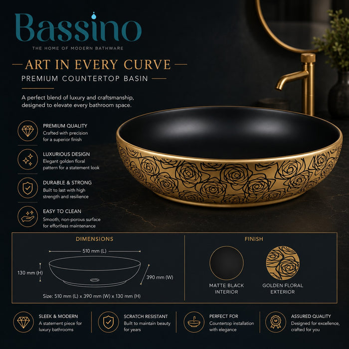 Premium Designer Ceramic Table Top Wash Basin, Matt Black with Gold Pattern (20 x 16 x 5.5 In) EQP-1047