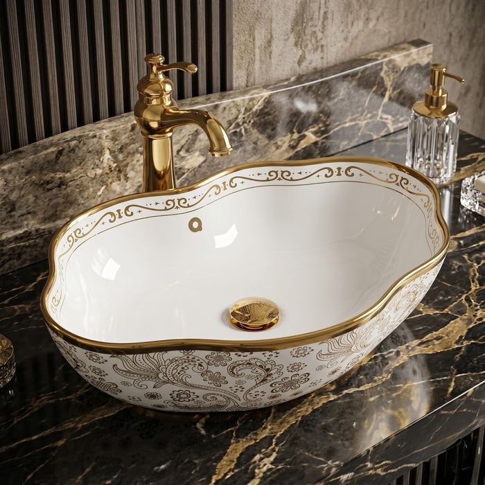 Bassino Luxury Floral Designer Countertop Wash Basin – Premium White & Gold Ceramic Vessel Sink (19.7" x 15" x 5.1")
