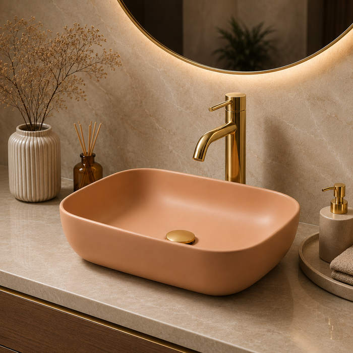 Bassino Matte Peach Countertop Wash Basin – Modern Ceramic Vessel Sink (17.9" x 12.8" x 5.5")