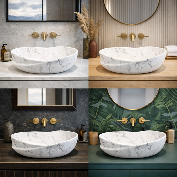Bassino Luxury Designer Counter Top Wash Basin | 20x13x7Inch | White Marble | Glossy