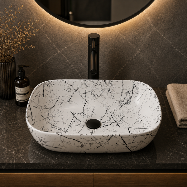 Bassino Marble Vein Ceramic Countertop Wash Basin – Designer Rectangular Vessel Sink (455 x 325 x 145 mm)