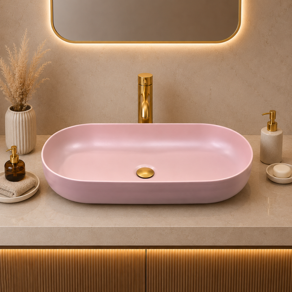 Bassino Oval Table Top Wash Basin | Premium Countertop Ceramic Bathroom Sink | Matte Pink Vessel Basin | 31 x 16 x 5 Inch